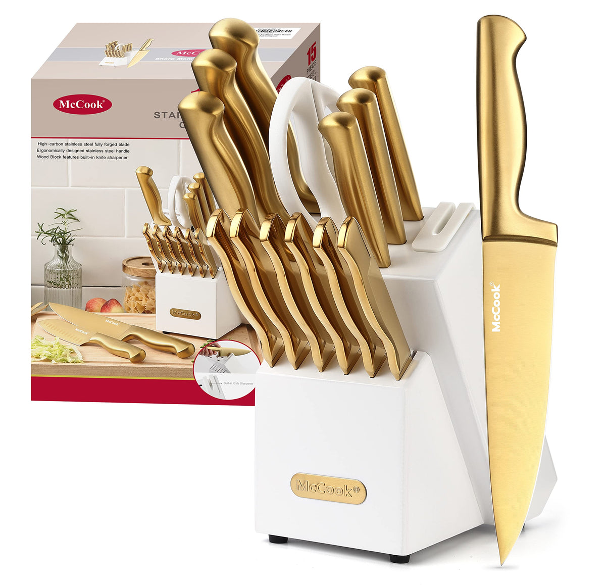 McCook® Kitchen Knife Sets, Golden Titanium Stainless Steel Knives Block Set with Built-in Sharpener, 20 Piece Knives, Restaurant Grade Sharp, Elegant Gold & Stylish Wooden Block for Modern Culinary