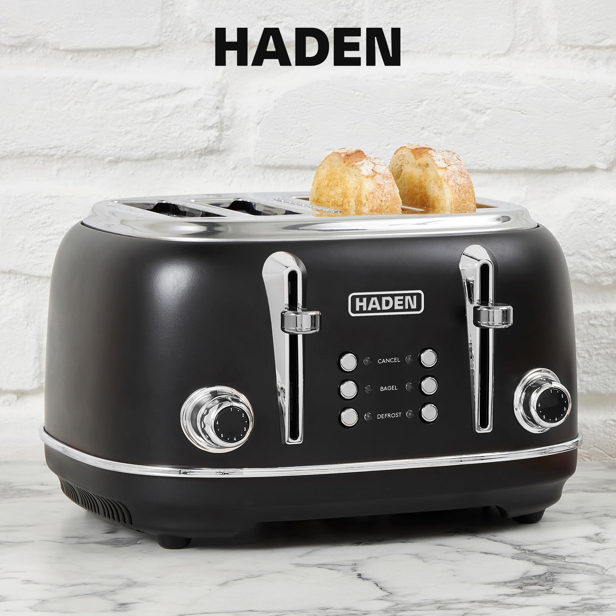 Haden Heritage 4 Slice Wide Slot Stainless Steel Toaster with Adjustable Browning Control & Non-Slip Feet, Black & Chrome