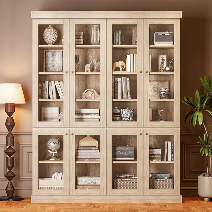 70.8" Bookshelf with Glass Doors, Farmhouse Modular Bookcase with 6-Tier Adjustable Shelves, Large Storage Cabinet for Living Room & Home Office, Set of 3, Brown