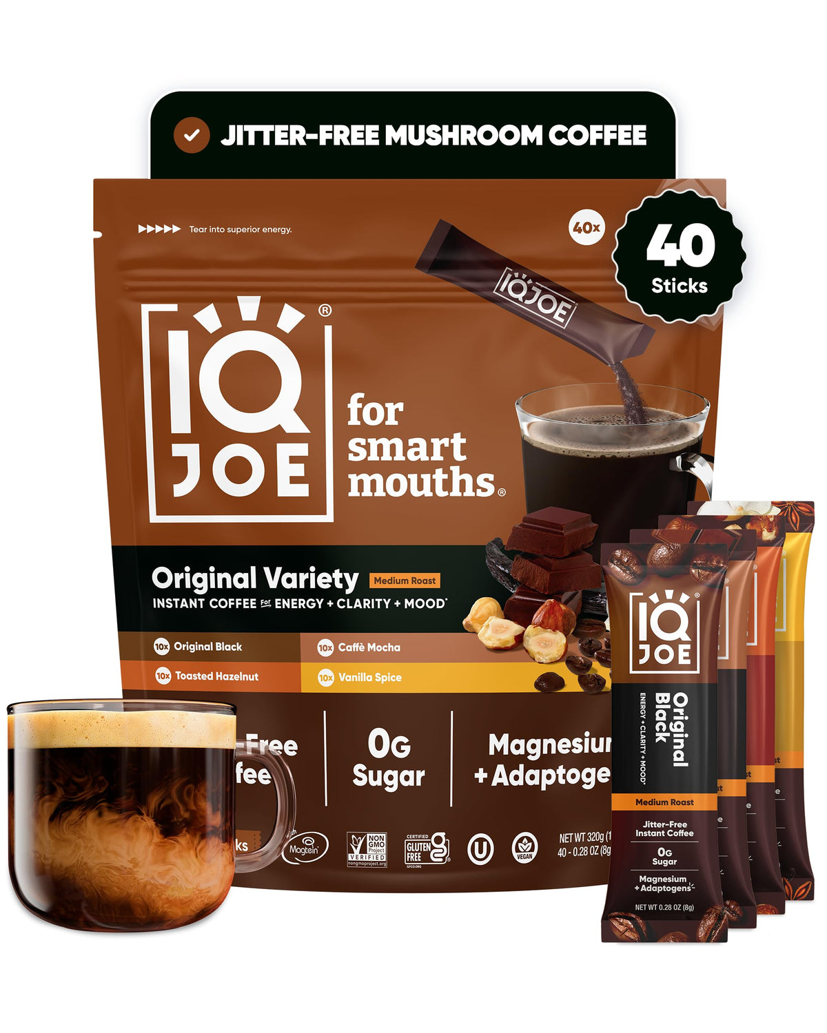 IQJOE Instant Mushroom Coffee Packets, Variety Pack, 16 Stick Packs