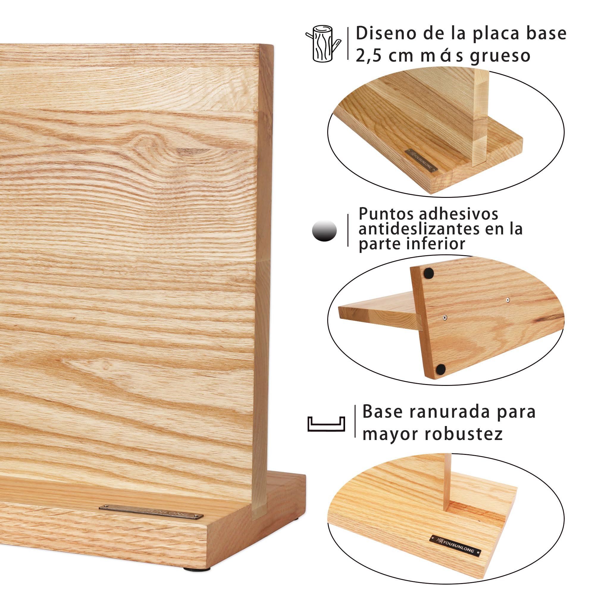 YOUSUNLONG Magnetic Knife Block - Magnetic Knife Holder - Magnetic Knife Stand - Double-sided Super Magnetic with Natural Fraxinus wood - Holds 10“ knives - Space Saver - Large storage knife holder