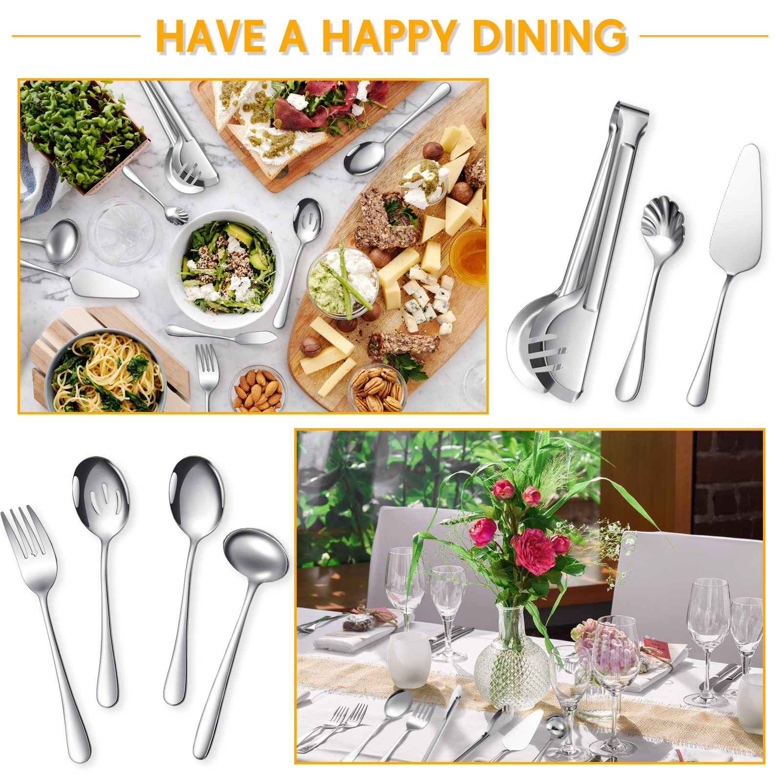 Patelai Serving Utensils Set Include Stainless Steel Large Spoons Slotted Spoons Forks Tongs Soup Ladle and Pie Server for Parties Buffet Catering, Dishwasher Safe(Silver,21 Pieces)