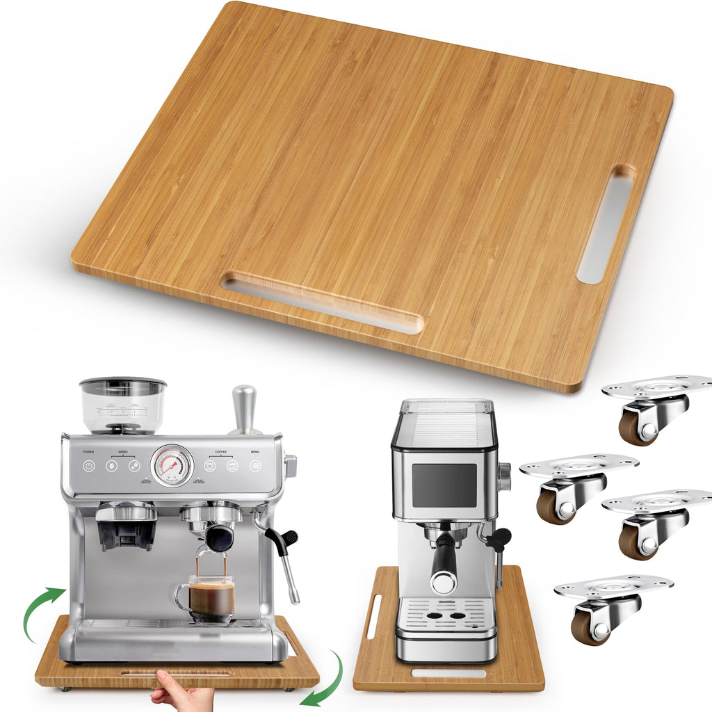 Joy&Grace Appliance Slider for Kitchen Appliances 360° Rolling Sliding Tray for Coffee Maker Countertop, Bamboo Coffee Pot Slider Rolling Tray with Universal Rollers (Black, Medium 14.5" x 10")