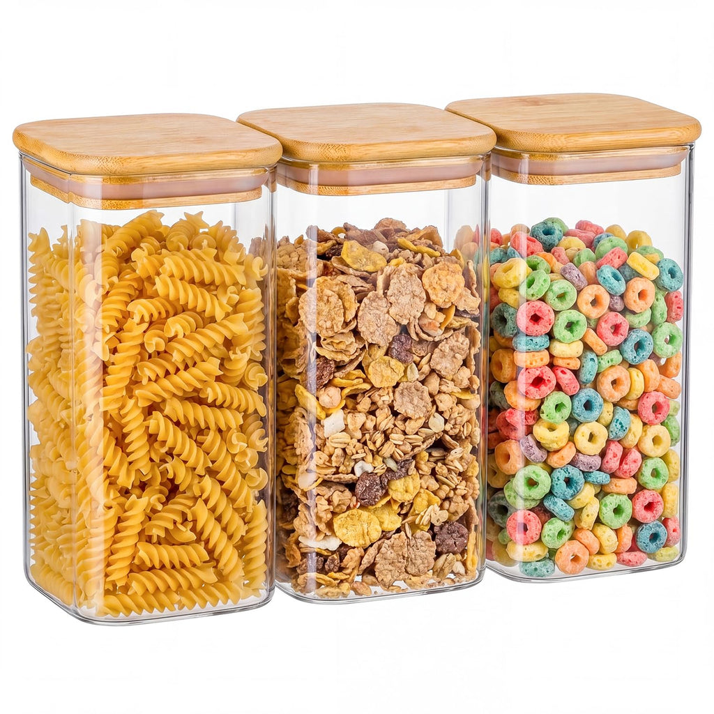 Xoniwis 3-Pack 1.6Qt Square Glass Storage Jars with Bamboo Lids