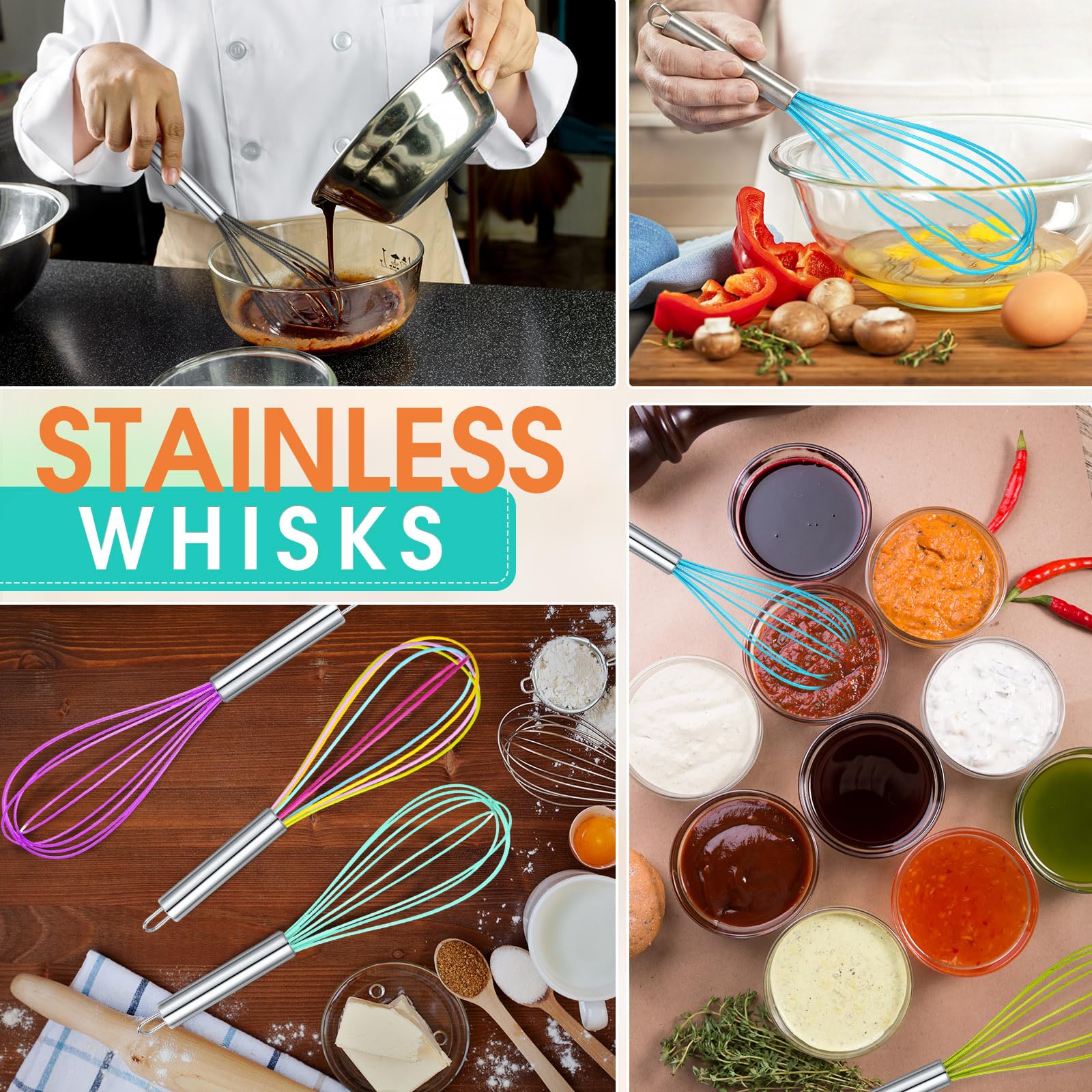 Domensi 24 Pcs 12 Inch Whisks Bulk for Cooking Silicone Whisks Non Scratch Stainless Steel Egg Beater Colorful Coated Metal Heat Resistant Egg Beaters for Valentines Day Party Favor Gift Supplies
