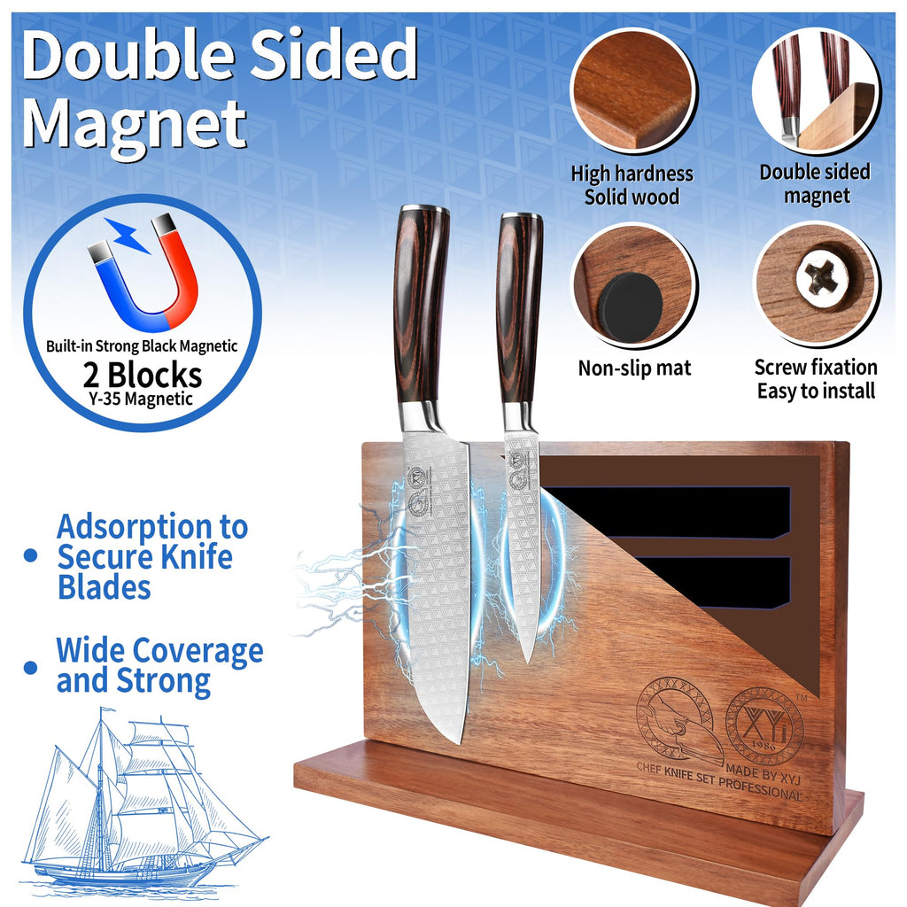 XYJ Magnetic Knife Block, Acacia Wood Knife Holder with Strong Magnets