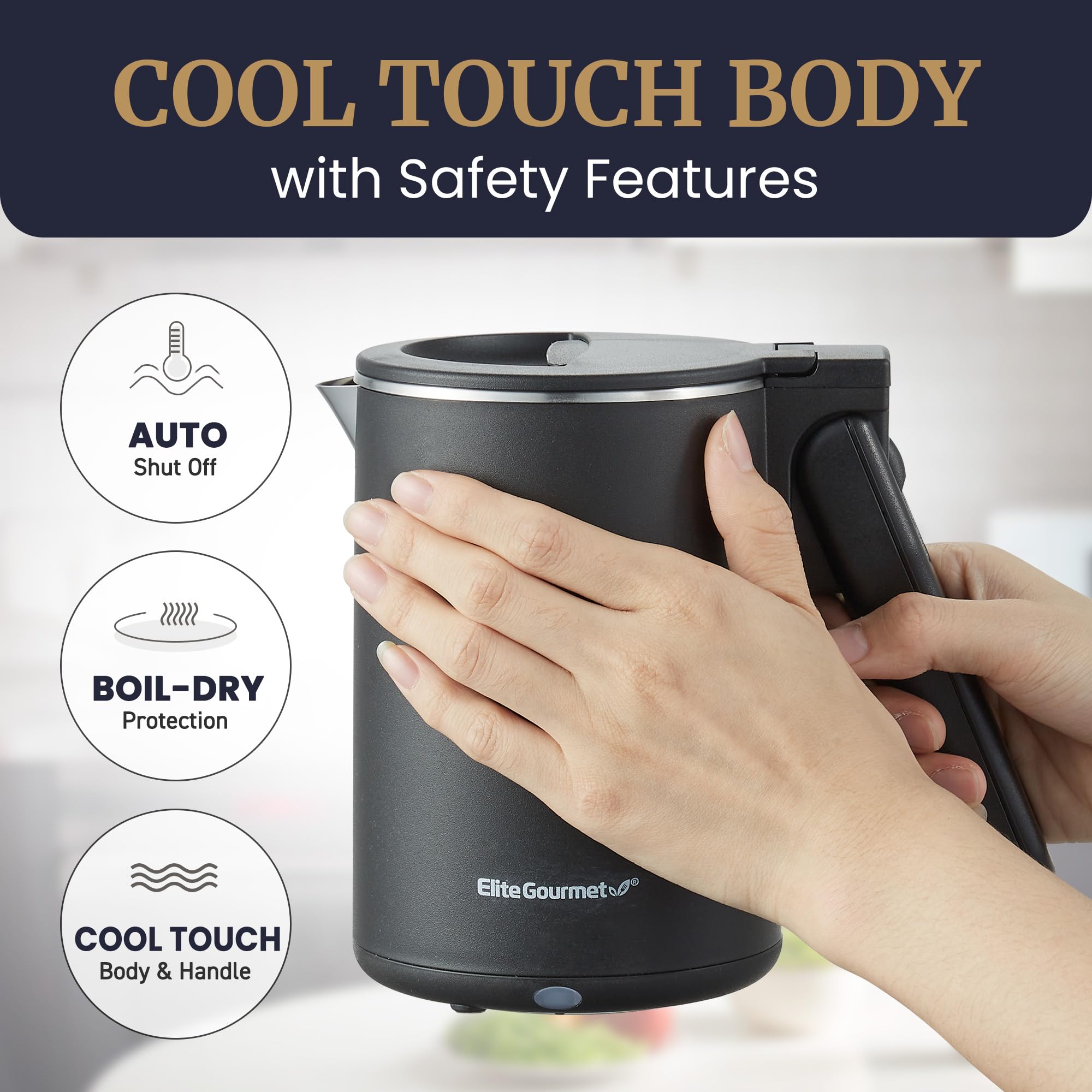 Elite Gourmet Dual-Voltage Travel Kettle, 0.6L Stainless Steel, Black