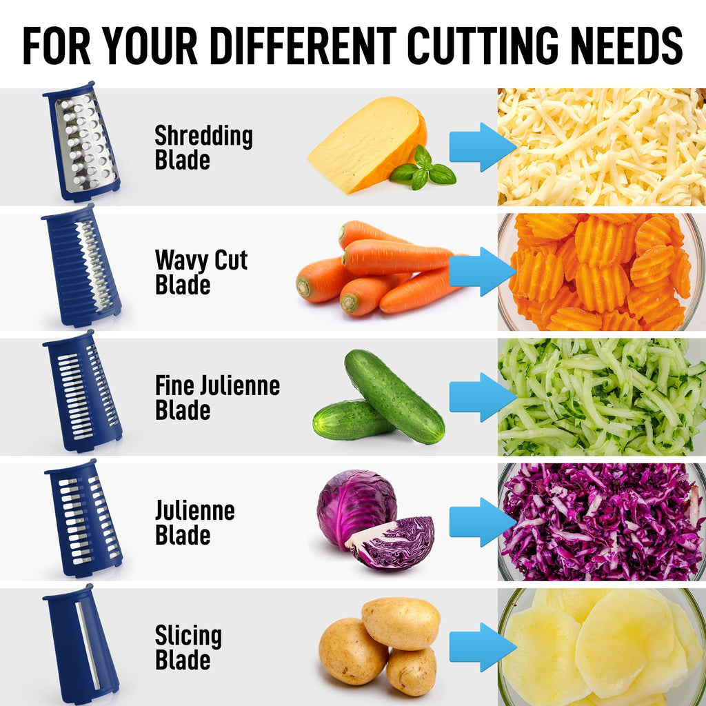 Zulay Kitchen Rotary Cheese Grater 5 Blade Cheese Shredder - Manual Hand Crank Cheese Grater With Reinforced Suction & 5 Interchangeable Drums - Easy to Use, Vegetable Chopper Round Mandoline Slicer