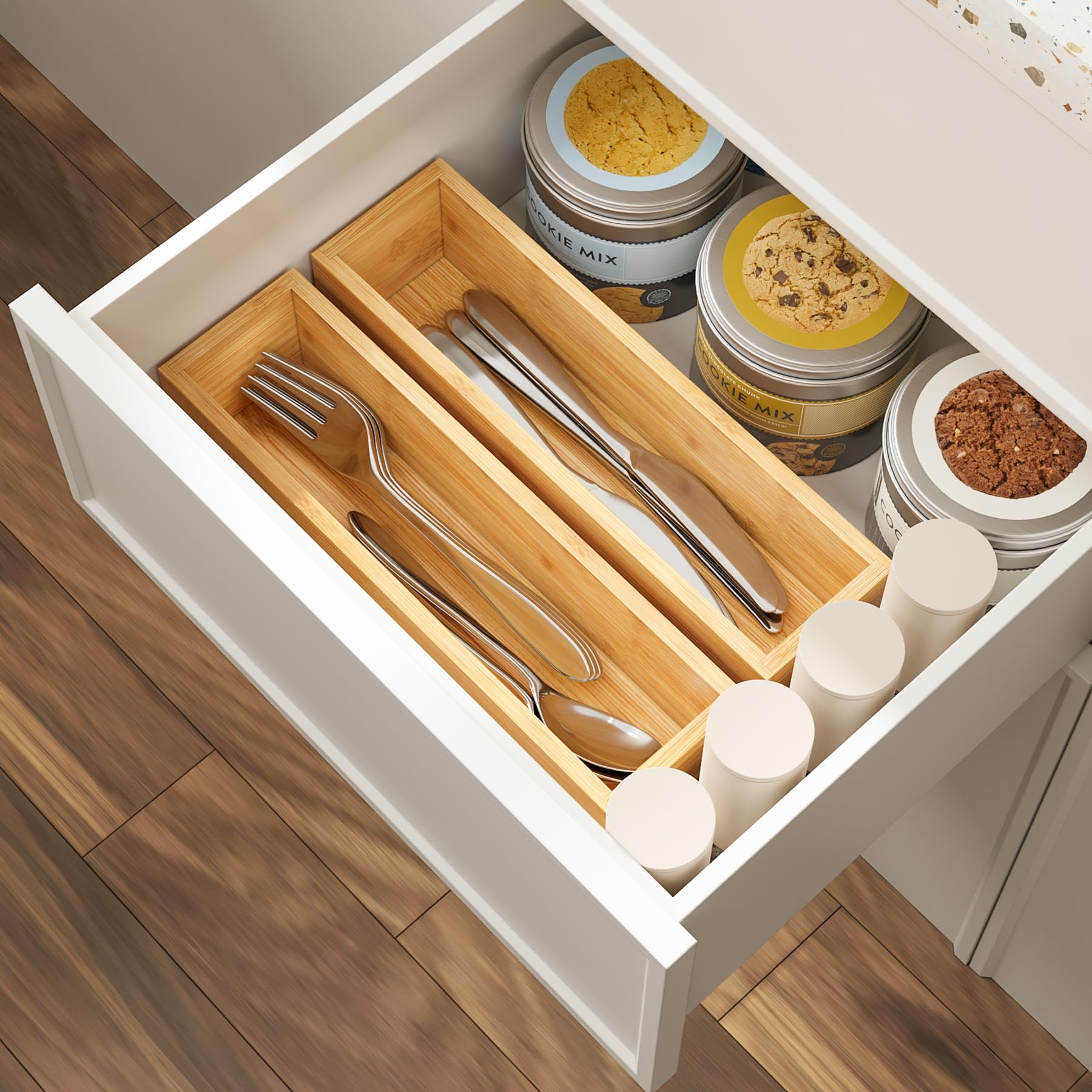 BAMEOS Kitchen Drawer Organizer,Small Silverware Drawer Organizer,Bamboo Utensil Organizer for Bathroom, Dressing Room, Office, Pantry (Natural, 11"x 3") Set of 2