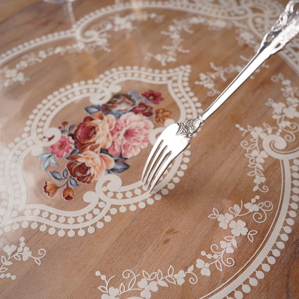 Artbloss Clear Table Cover Protector Plastic Vinyl Table Cloth with White Lace Pattern Oil Spill Proof Plastic Tablecloths for Dining Tables Parties Holidays (French Lace, 60 x 84 Inches)