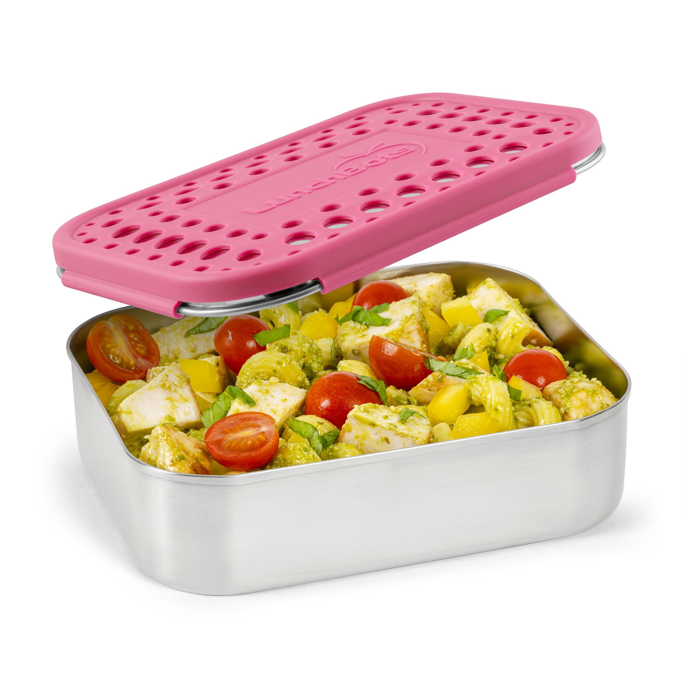 LunchBots Medium Uno Stainless Steel Sandwich Container - Open Design for Wraps - Salads or a Small Meal - Eco-Friendly - Dishwasher Safe and BPA-Free - Pink Dots