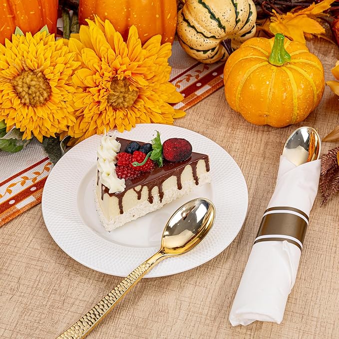 WELLIFE 100 Pack Gold Plastic Silverware, Pre Rolled Silverware Set Disposable,Plastic Cutlery Includes: 100 Forks, 100 Knives, 100 Spoons, 100 Napkins, Cutlery Set Disposable for Party