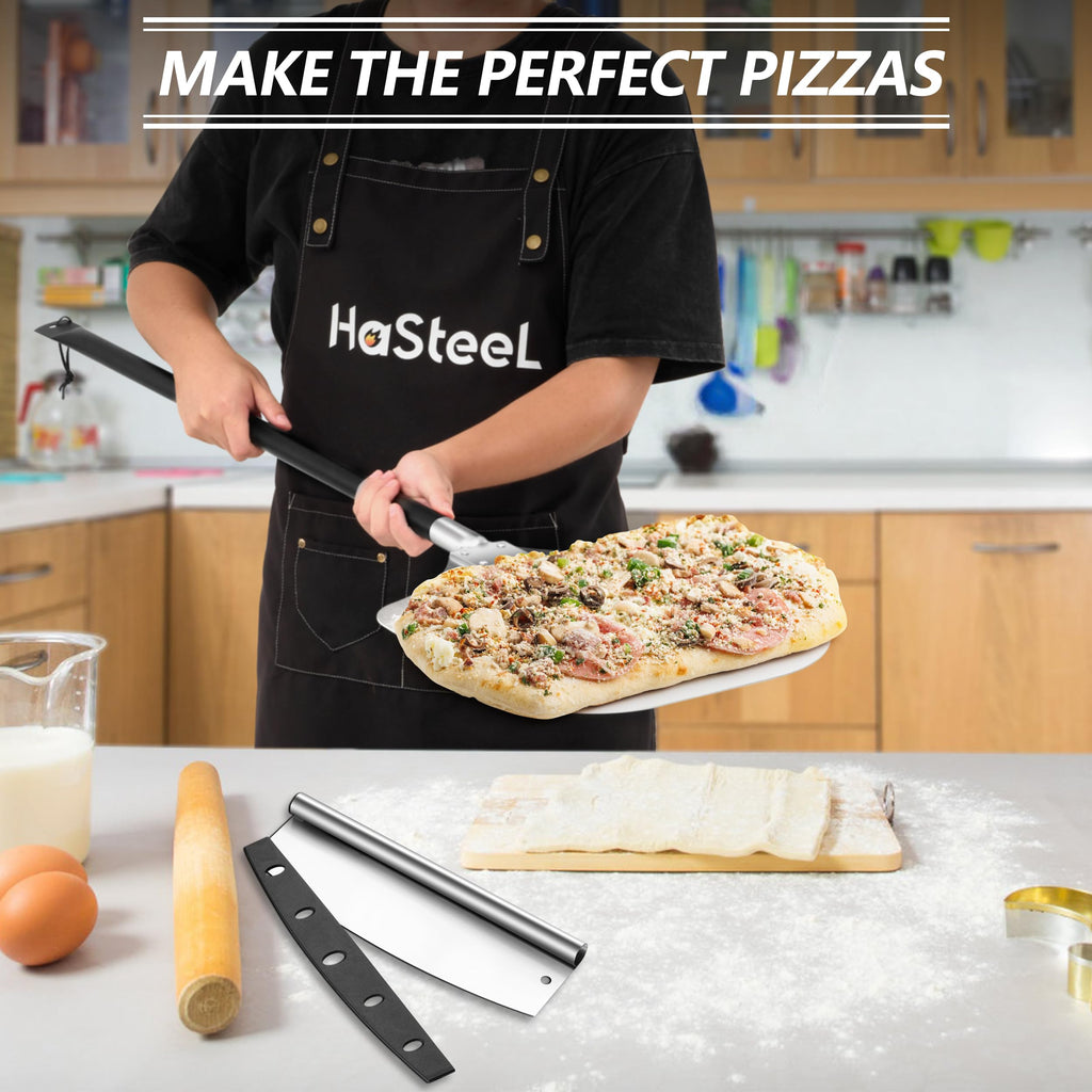 HaSteeL Aluminum Pizza Peel Spatula Set, 12 Inch Pizza Paddle Shovel, 14 Inch Metal Pizza Cutter Rocker, Pizza Oven Accessories Tools for Cooking Baking Turning Cutting, Long Detachable Handle