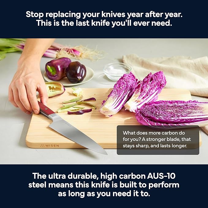 Misen 8" Chef Knife – High Carbon Japanese AUS-10 Stainless Steel – Hybrid German & Japanese Blade – Precision Kitchen Knife for Professionals & Home Cooks – Ultimate Cutting Performance - Red