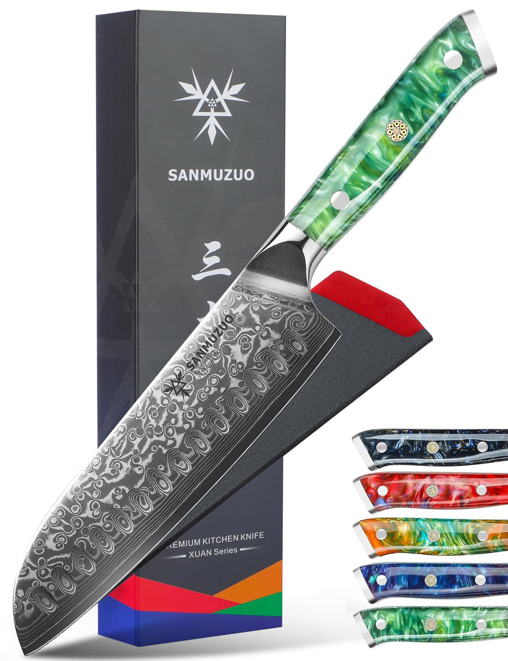 SANMUZUO Santoku Knife - 7 inch - Xuan Series - VG10 Damascus Steel Kitchen Knife - Resin Handle (Sapphire Blue)