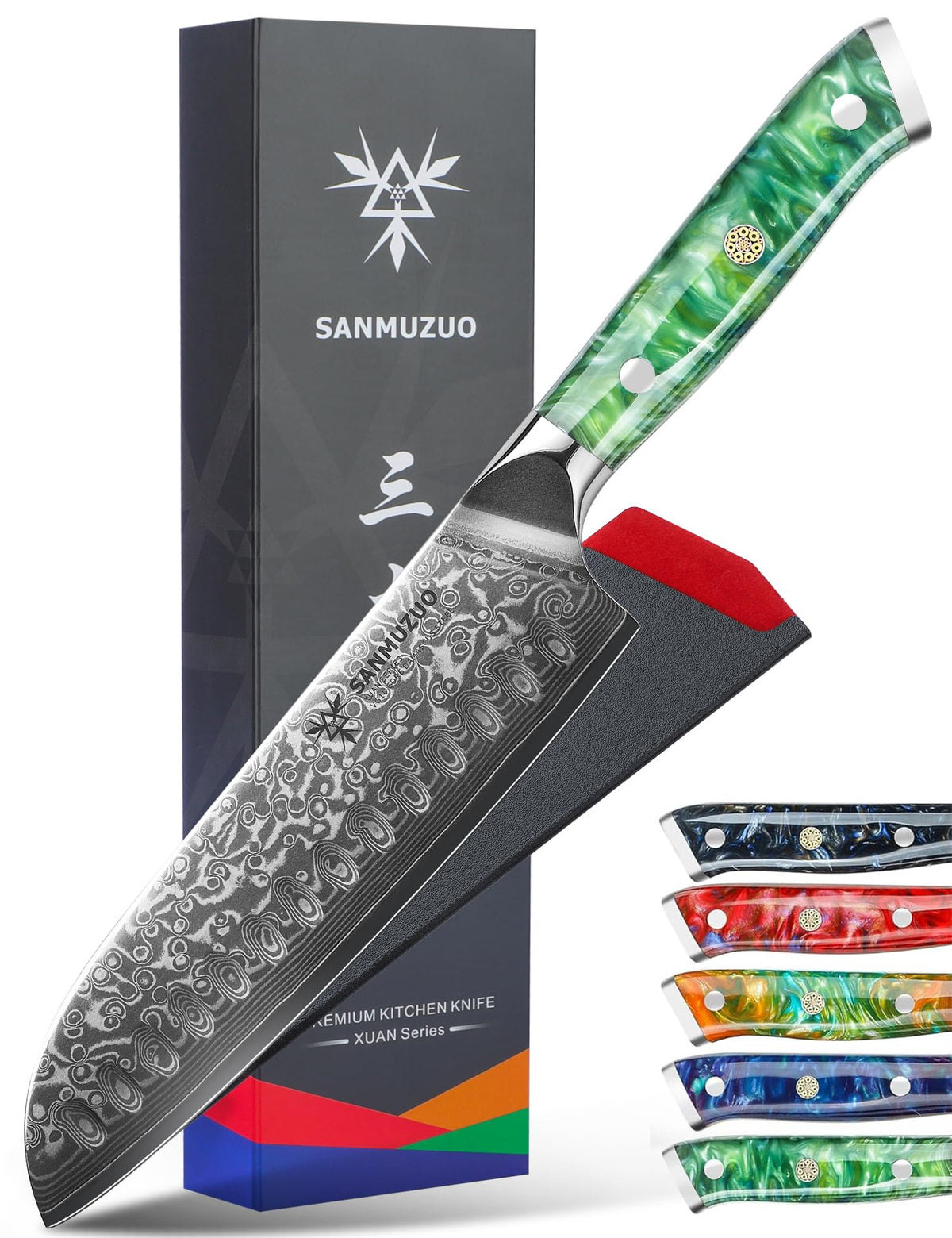 SANMUZUO Santoku Knife - 7 inch - Xuan Series - VG10 Damascus Steel Kitchen Knife - Resin Handle (Sapphire Blue)