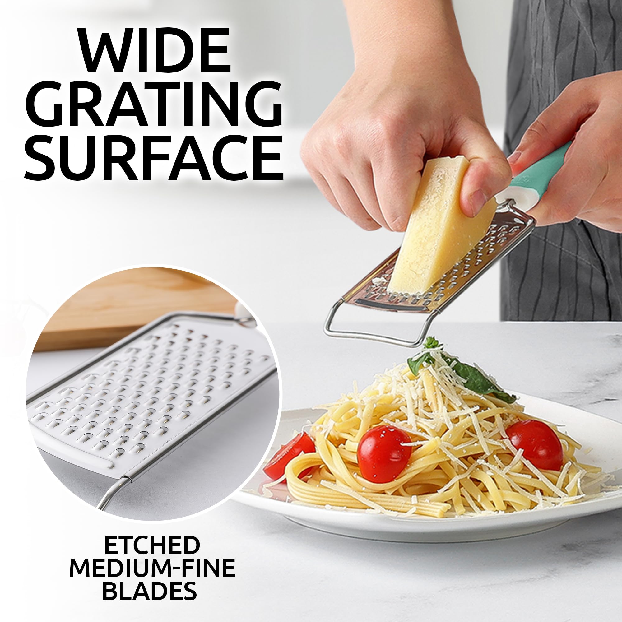 Zulay Kitchen Professional Cheese Grater Stainless Steel - Durable Rust-Proof Metal Lemon Zester Grater With Handle - Flat Handheld Grater For Cheese, Chocolate, Spices, And More - Mint