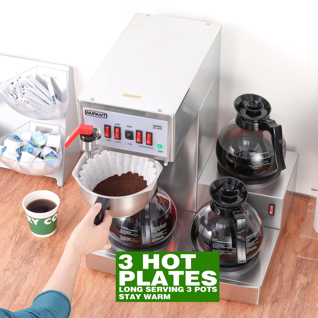 NUPANT 12 Cup Commercial Coffee Maker Auto Filling Drip Coffee Machine with 3 Carafes 3 Warmers, Filters, Stainless Steel Pour Over Coffee Brewer with Hot Water Dispenser for Restaurant Office Cafe