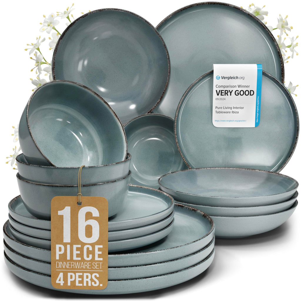 16 Piece Stoneware Dinnerware Set for 4 - Handmade Reactive Glaze Plates and Bowls Set - Chip & Scratch Resistant Dish Set - Dishwasher Microwave Safe - Rustic Smoke Blue