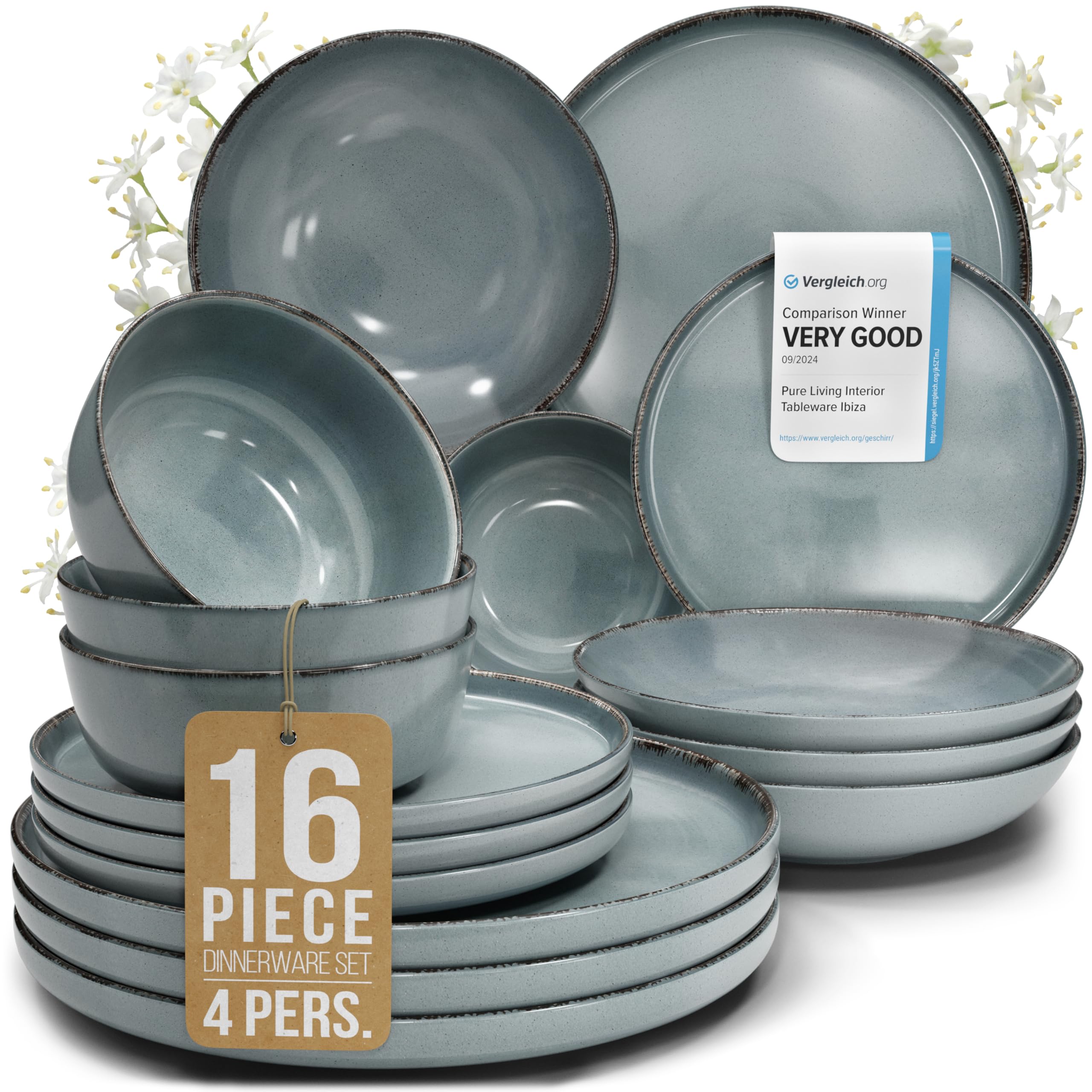 16 Piece Stoneware Dinnerware Set for 4 - Handmade Reactive Glaze Plates and Bowls Set - Chip & Scratch Resistant Dish Set - Dishwasher Microwave Safe - Rustic Smoke Blue