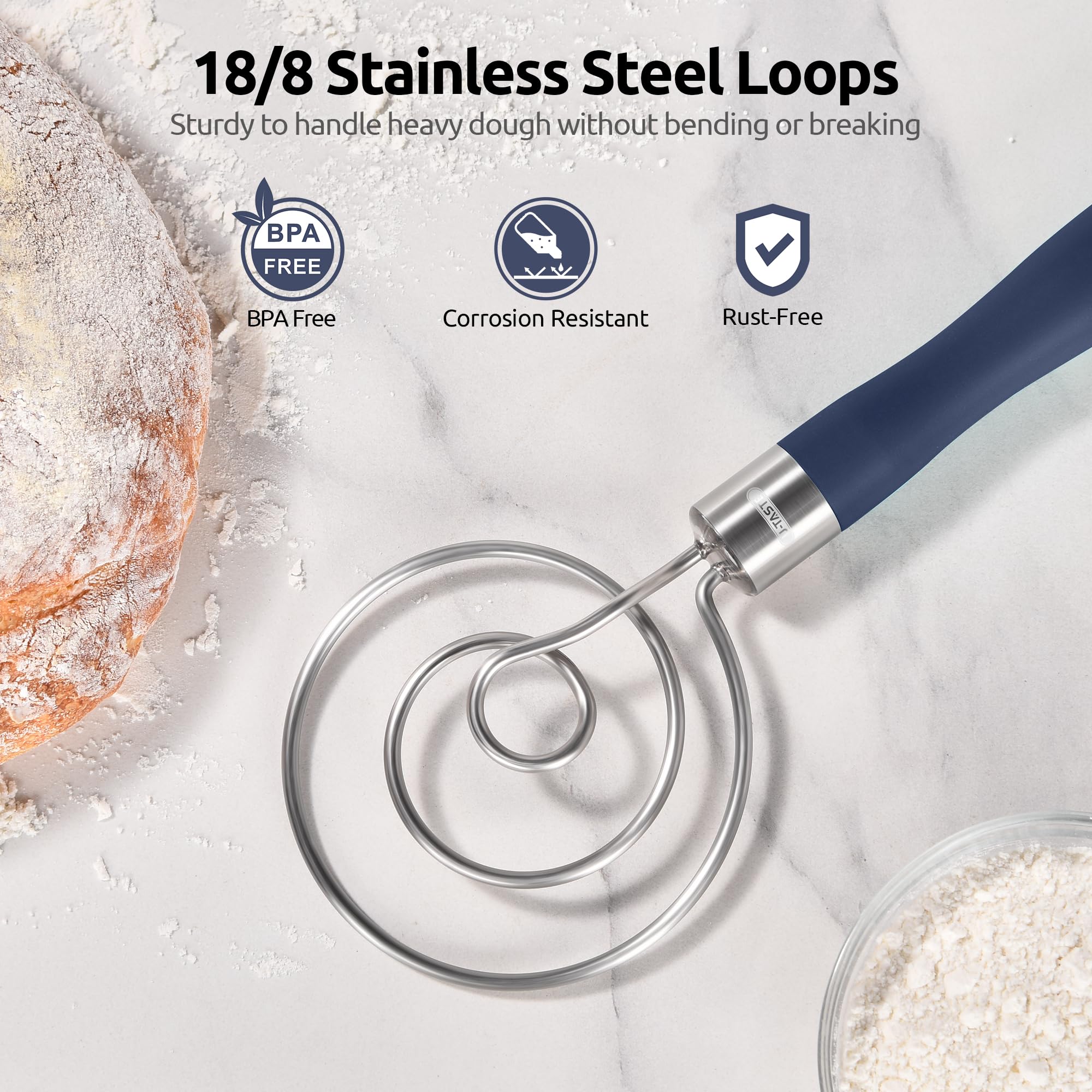 U-Taste Danish Dough Whisk 18/8 Stainless Steel Mixer Tool, Midnight Blue