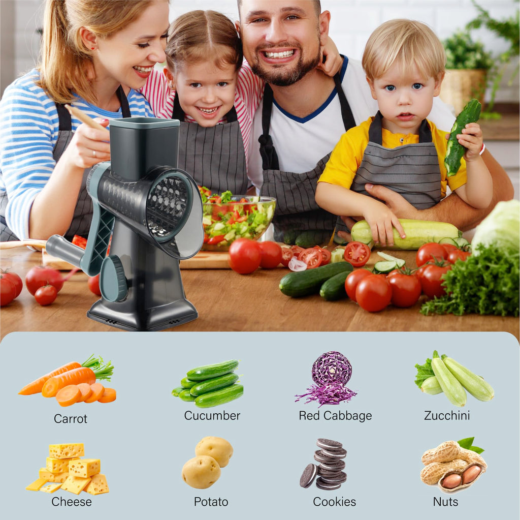 ALEXPHY Rotary Cheese Grater hand crank 3 blades with Stronger Suction Base | Stainless Steel Blades for Fruits, Vegetables, Nuts. Dishwasher Safe & Easy to Clean, Transparent Black & Blue