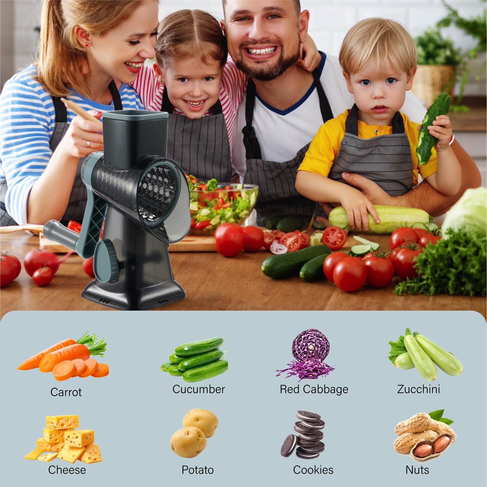 ALEXPHY Rotary Cheese Grater hand crank 3 blades with Stronger Suction Base | Stainless Steel Blades for Fruits, Vegetables, Nuts. Dishwasher Safe & Easy to Clean, Transparent Black & Blue