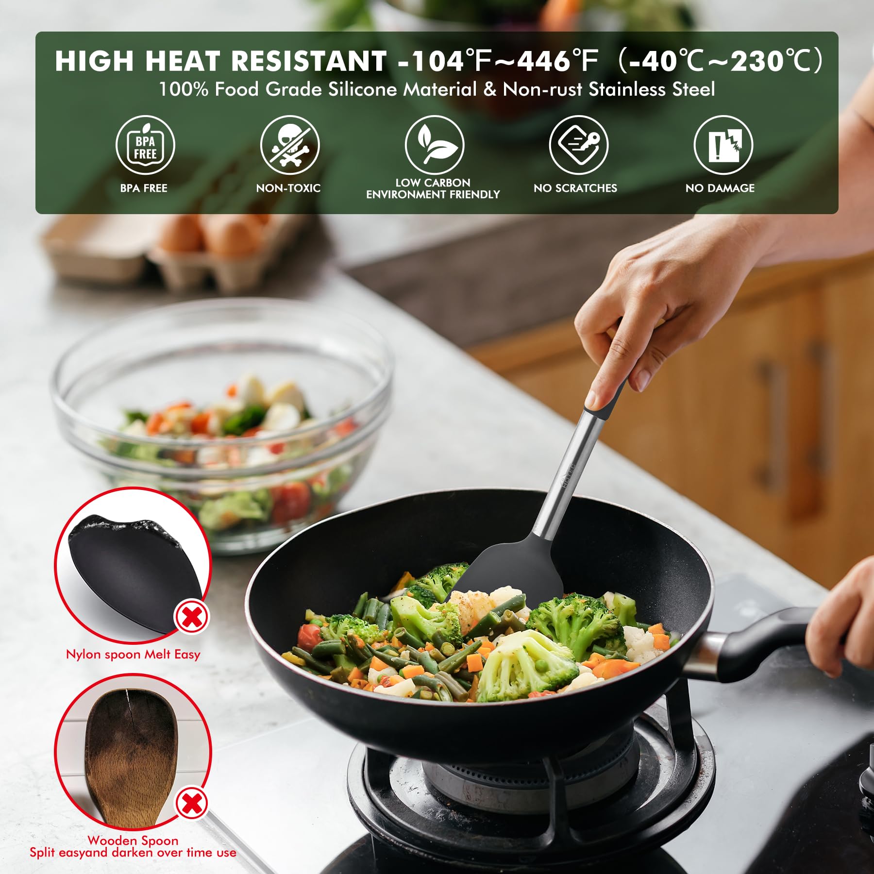 HOTEC 446°F Heat Resistant Silicone Kitchen Utensils, Cooking Utensil Set, Spatula Set, BPA Free, Kitchen Gadgets, with Stainless Steel Utensils Holder, Dishwasher Safe, 14pcs Grey