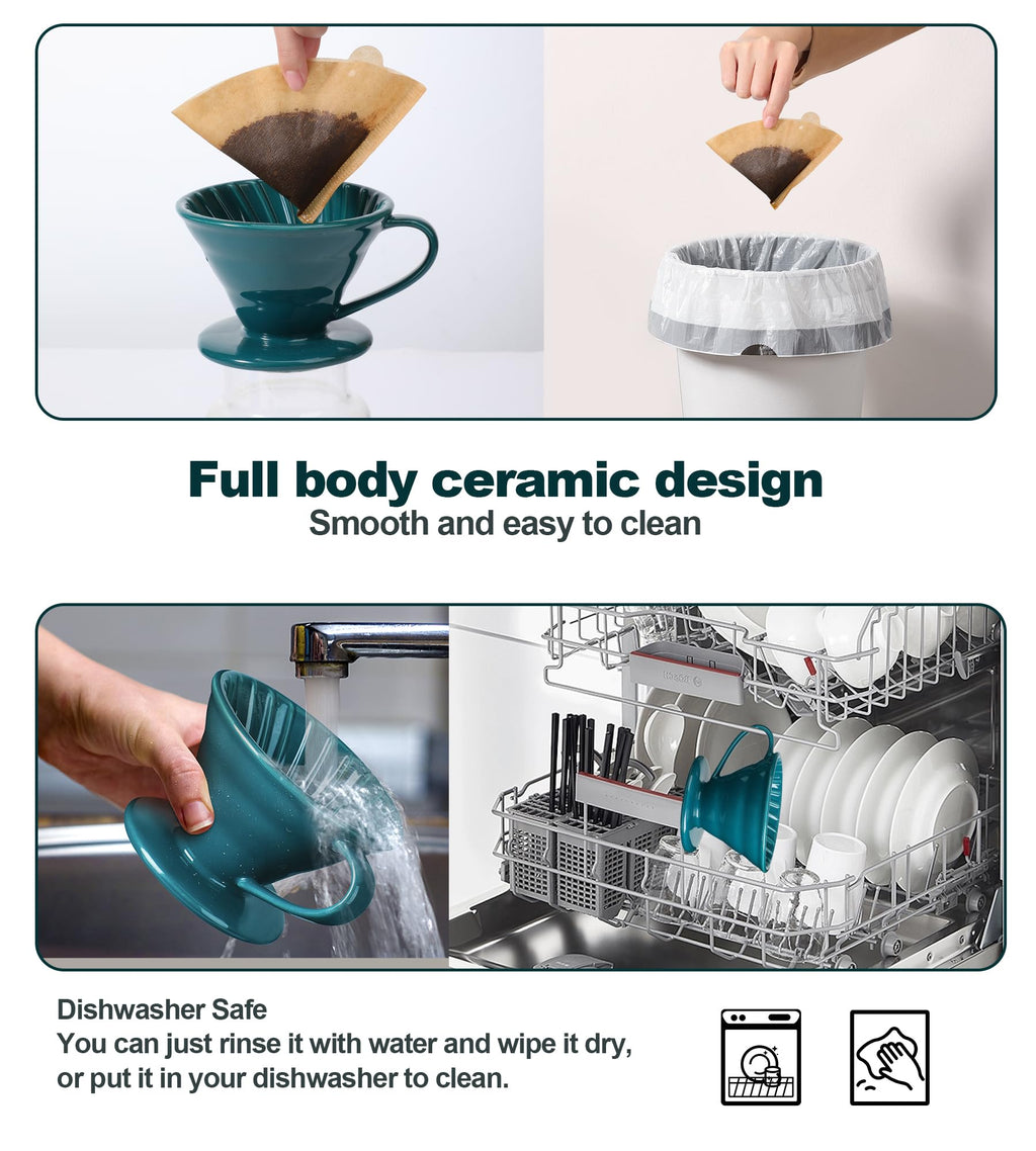 Wmazio Pour Over Coffee Dripper - Ceramic Pour Over Coffee Maker Cone, Porcelain Coffee Drip, Pour Over Single Cup, Manual Brew Maker for Home, Cafe, Office - 1-4Cup, V60 Size 02 (Dark green)