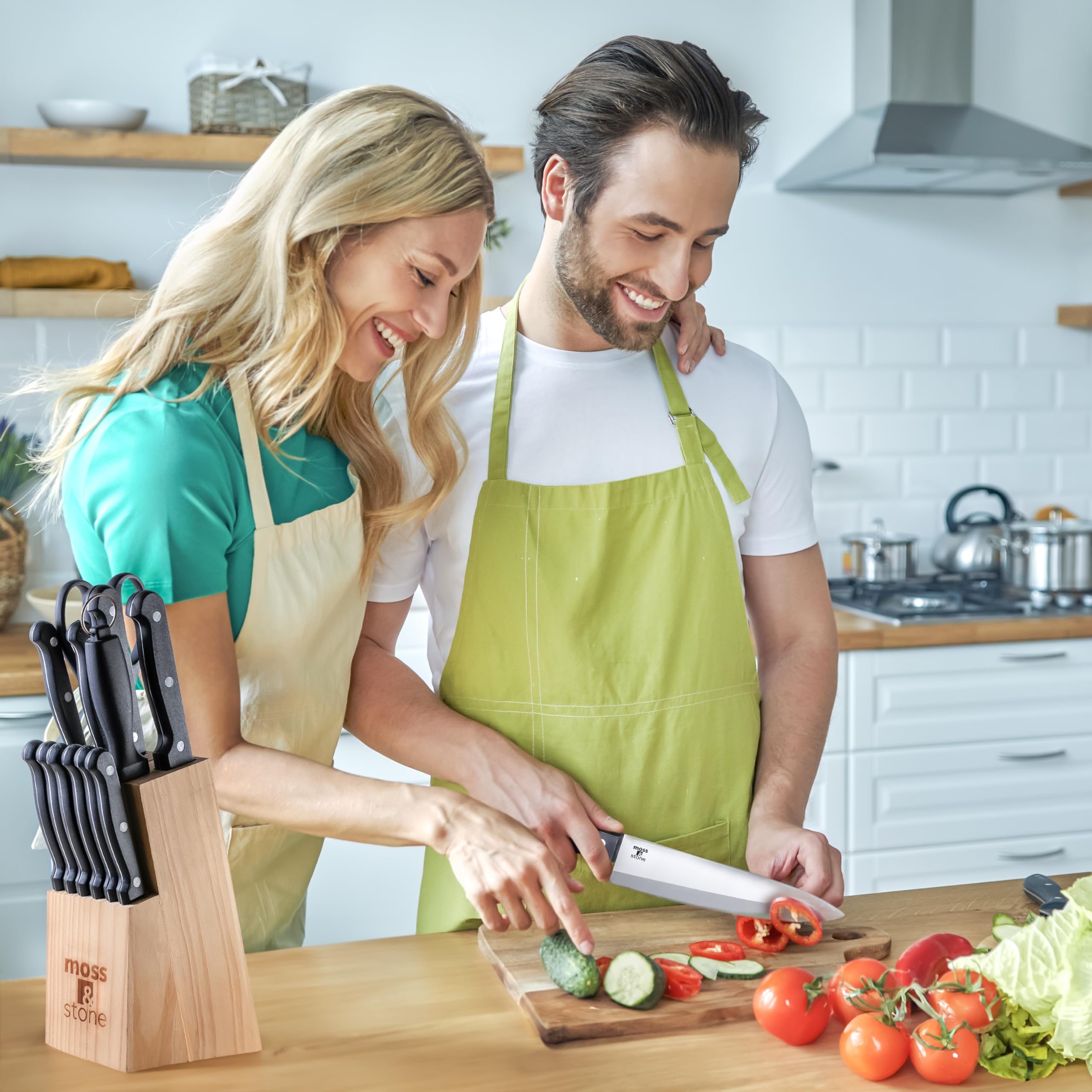 Moss & Stone 14 Pcs Kitchen Knife Set with Block, Stainless Steel