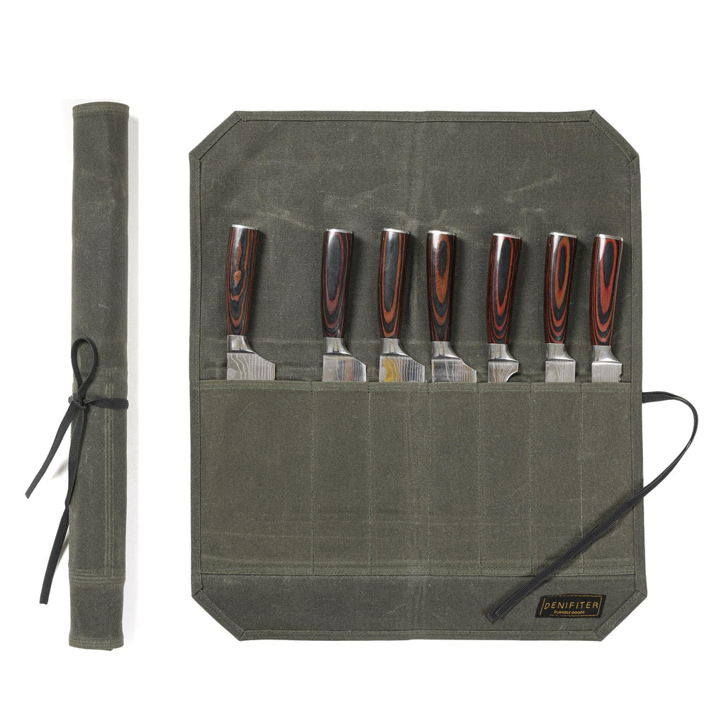 Chef's Knife Bag With 5 Slots, Wax Canvas Knife roll with Professional Anti Cutting Fabric Inside (Blue)