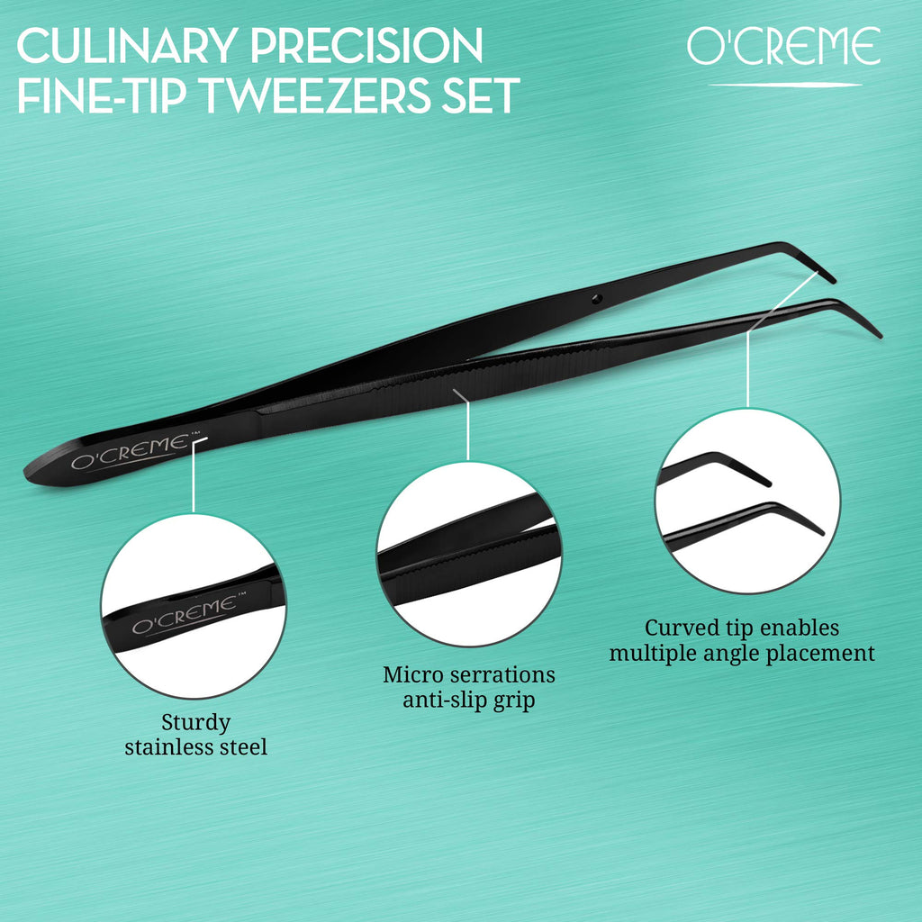 O'Creme Curved Tweezers 6.25 Inch Fine-Point Stainless Steel, Black