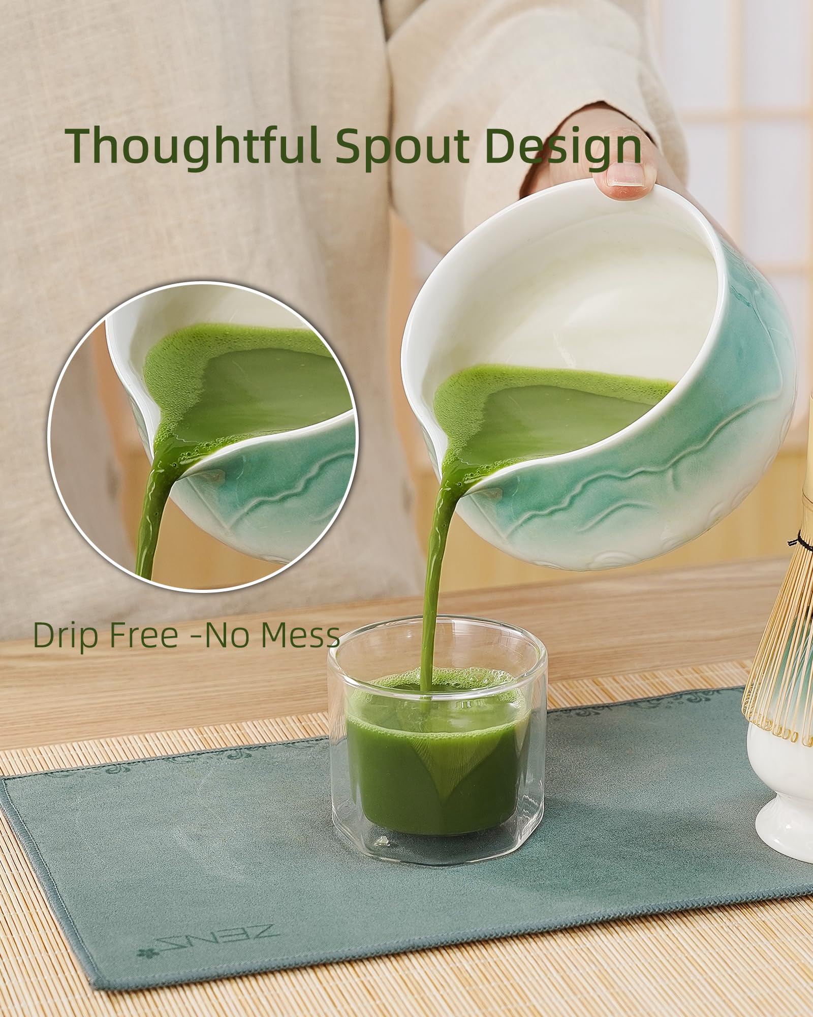 ZENS Matcha Whisk Set, 5pcs Matcha Kit Set Includes Ceramic Bowl, Bamboo Whisk and Chasen Holder, Scoop & Tea Mat for Matcha Ceremony, Blue