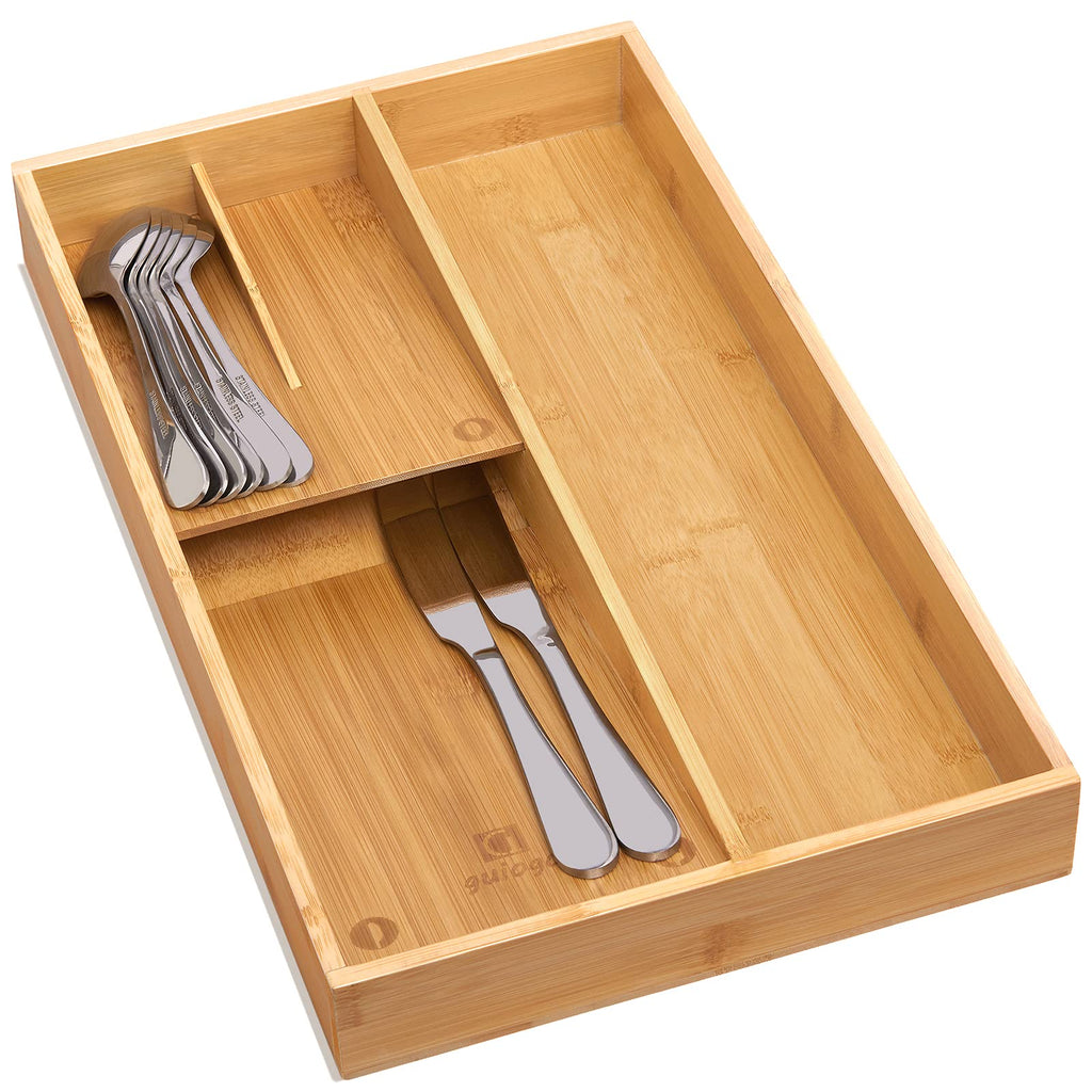 guiogc Bamboo silverware tray organizer, Utensil Holder and Cutlery Tray for Drawer, Kitchen Drawer Organizer Divider for Spoons Forks Knives