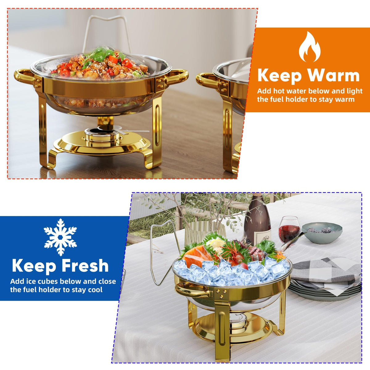 EffiQ-Rate 5QT Round Chafing Dishes for Buffet, Gold, 4 Pack