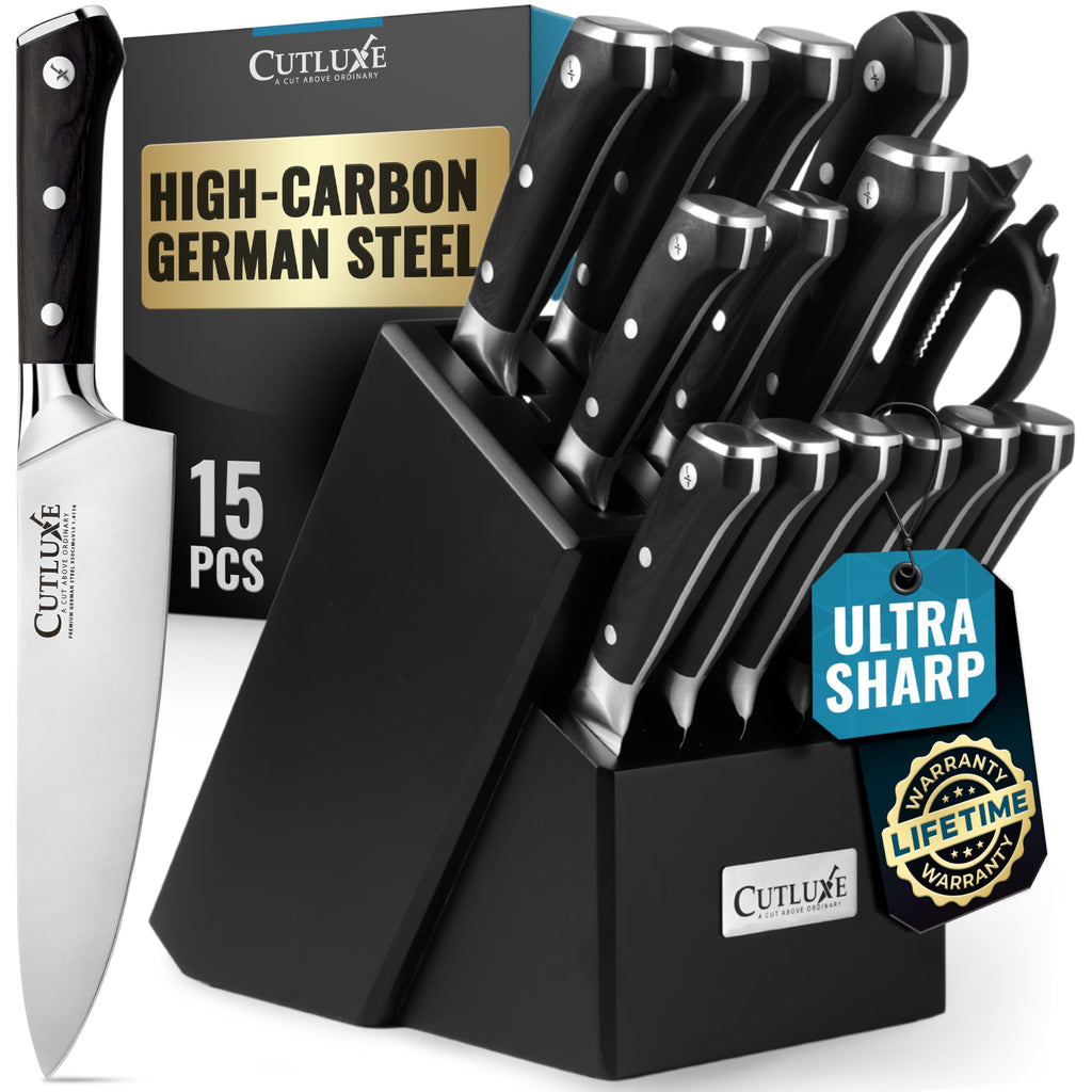 Cutluxe 15-Piece Knife Set for Kitchen – Rubberwood Block, German Steel
