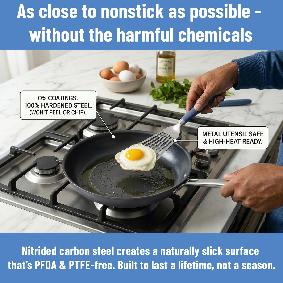 Misen Carbon Nonstick™ Skillet - Nitrided Carbon Steel - Professional Alternative to Teflon - 1100°F High Heat Ready - Easy Release - Induction, Oven, & Grill Safe - 8 Inch