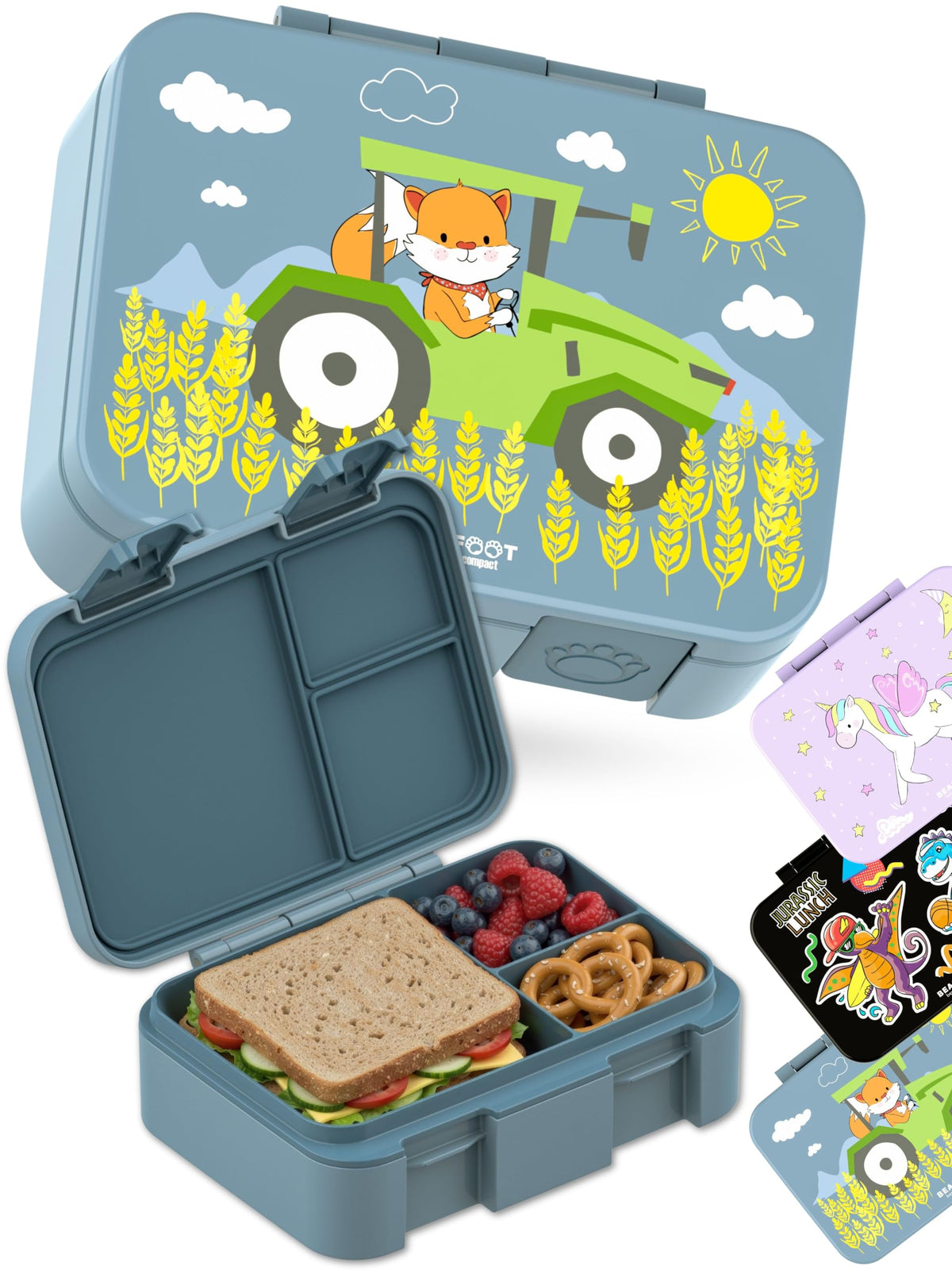 BEARFOOT Kids Lunch Box with Compartments – Compact & Lightweight | Leak-Proof, BPA-Free, Dishwasher Safe | Hand-Drawn Design for Preschool, School, Travel (Sticker Purple, 2.75 Cups)