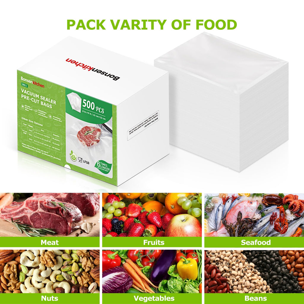 Bonsenkitchen Precut Vacuum Sealer Bags, 500 Pint 6" x 9" Food Sealer Bags