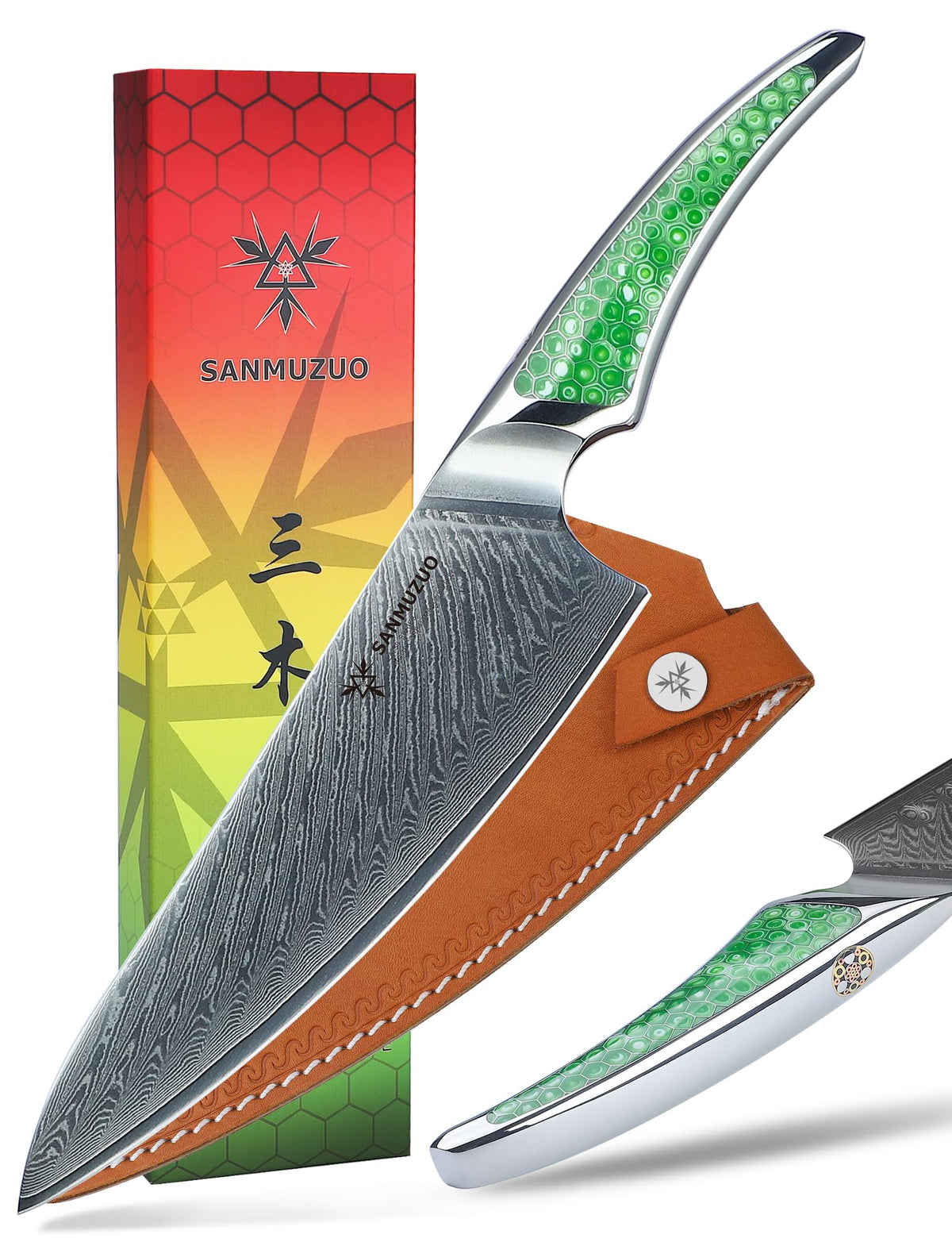 SANMUZUO 7 inch Nakiri Knife, Japanese VG-10 Damascus Steel Meat Cleaver, Ultra Sharp Vegetable Knife with Full-tang Handle in Green Resin, LA-S9 Series