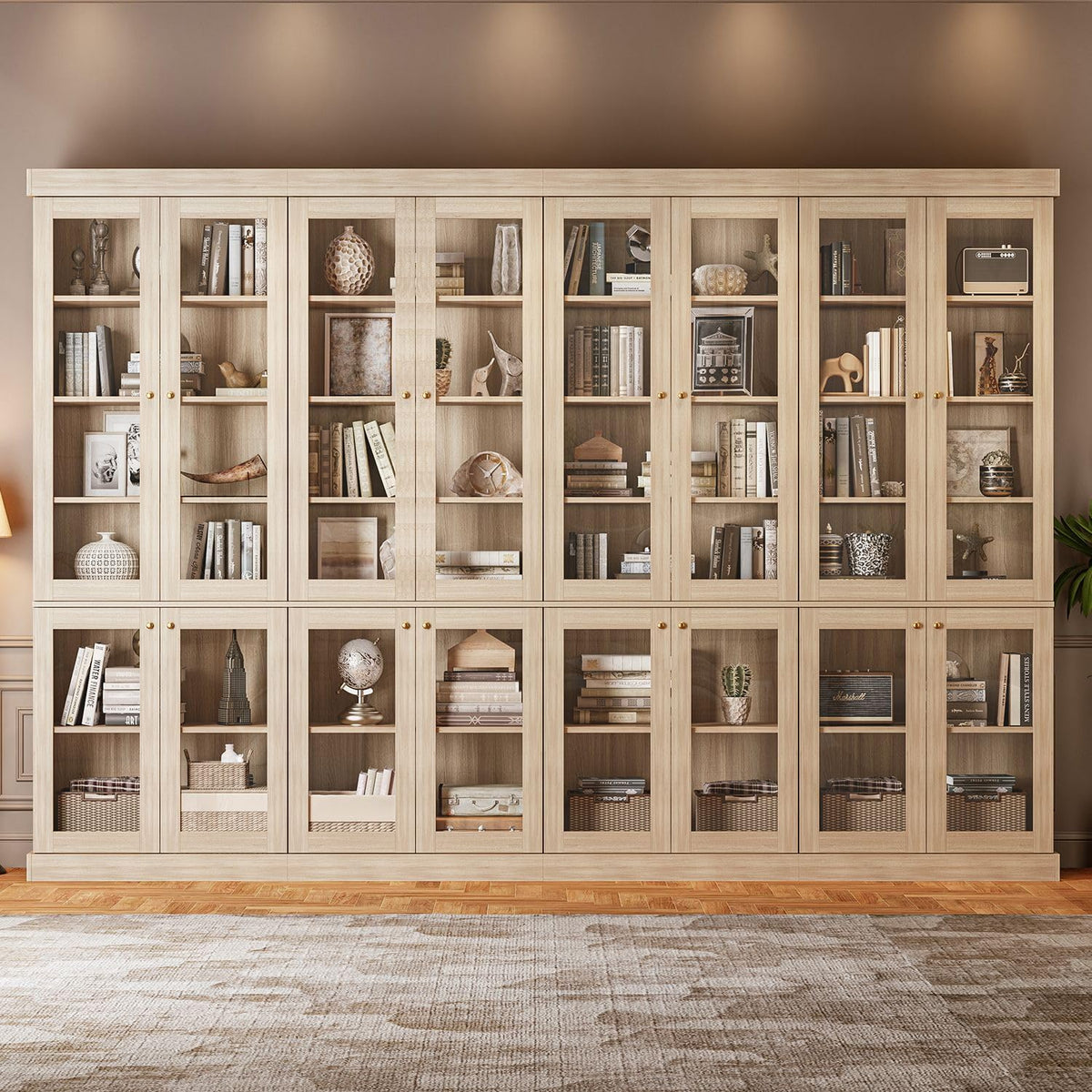 ivaniti 70.8" Tall Bookshelf with Doors, Farmhouse Modular Bookcase with 4-Tier Adjustable Shelves, Large Storage Cabinet for Home Office, Living Room, Brown, Set of 2