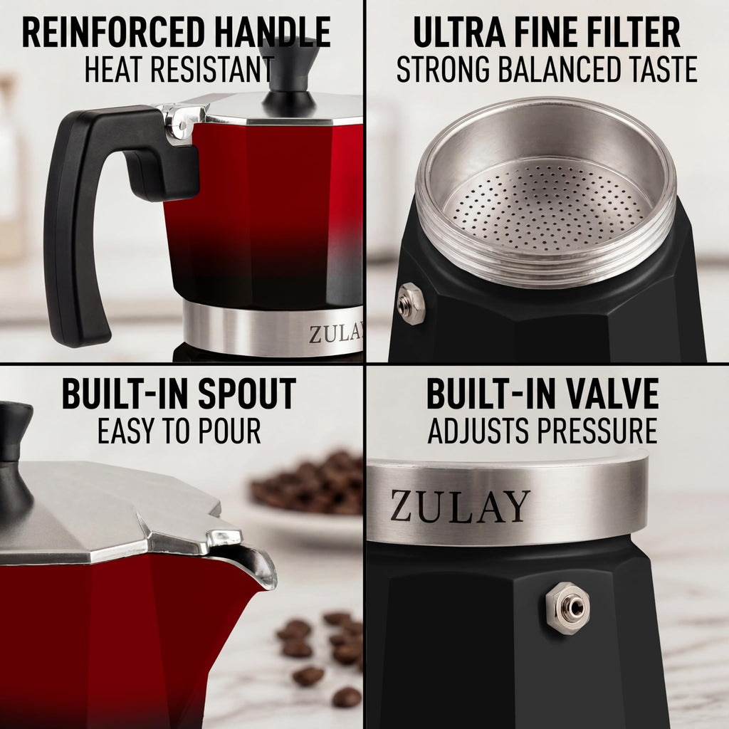 Zulay Kitchen Stovetop Espresso Maker - Moka Pot 3 Espresso Cups - Percolator Coffee Maker for Classic Cuban & Italian Style Espresso - Portable Coffee Maker for Camping & Travel - (Red/Black)