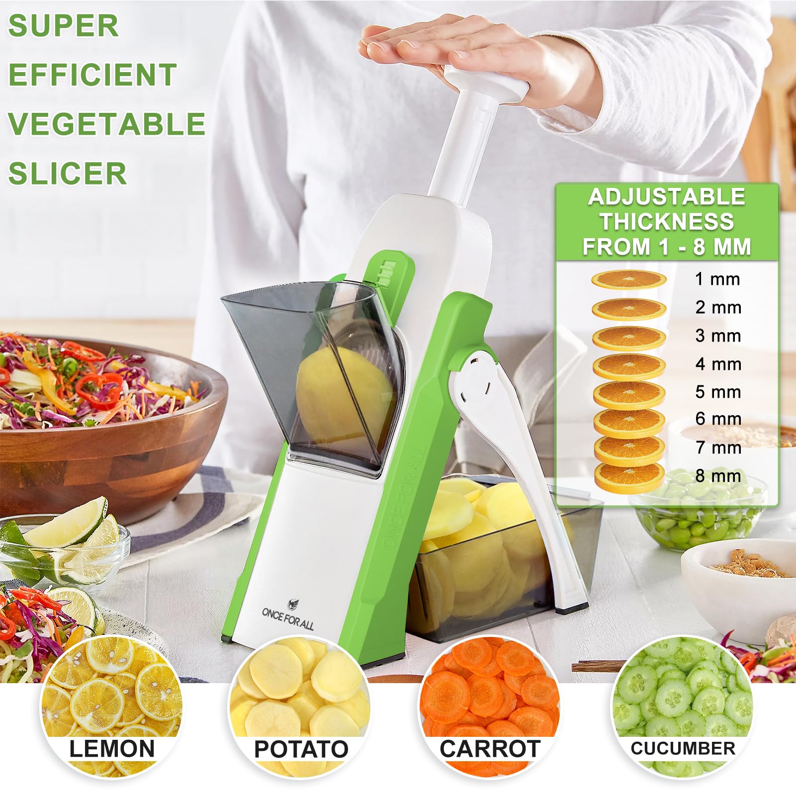 ONCE FOR ALL Safe Mandoline Slicer, Vegetable Slicer Potato Slicer, Green