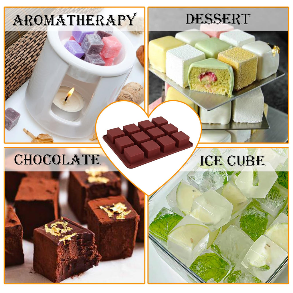 Wax Melts Molds Silicone, 3 Pcs 12-Cavities Square Silicone Mold for Scented Wax Melts, Chocolate Truffles, Candy, Jelly, Ice Cube Tray