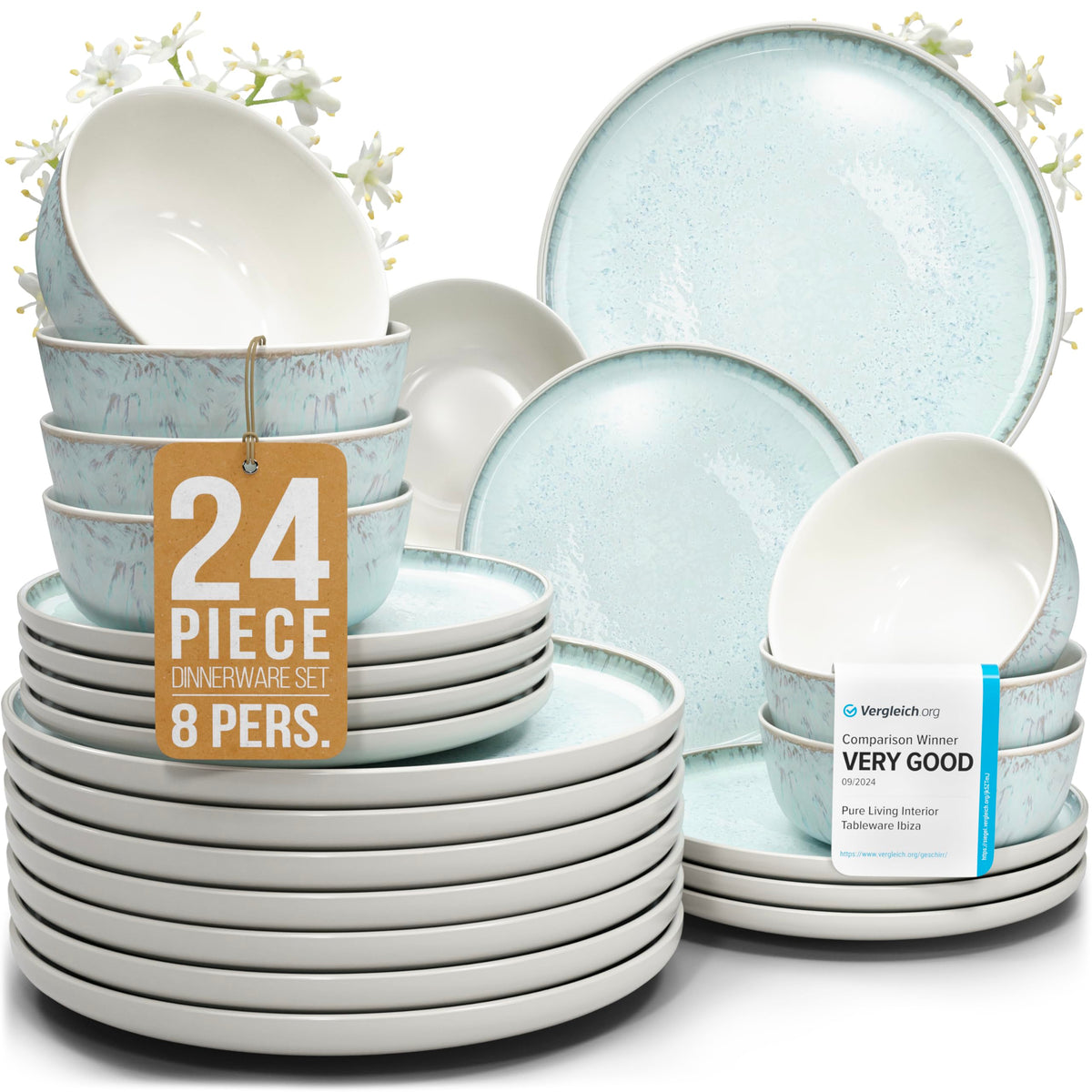 24 Piece Stoneware Dinnerware Set for 8, Handcrafted Plates and Bowls Set