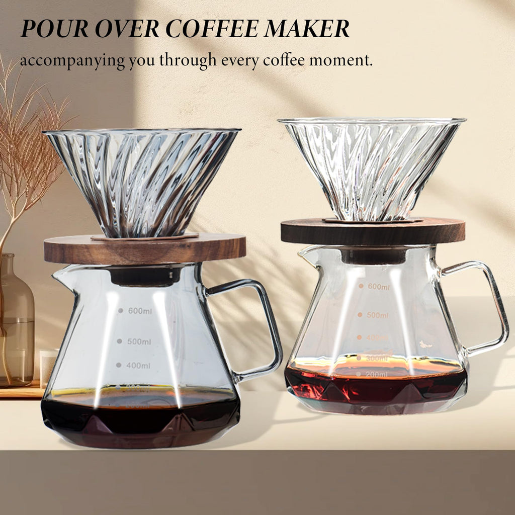 COFISUKI Upgrade Glass Coffee Dripper/Filter - Glass Pour Over Coffee Cone with Walnut Stand with Holder, Drip Coffee Maker Funnel Accessories for Home or Office, 1-5 Cups