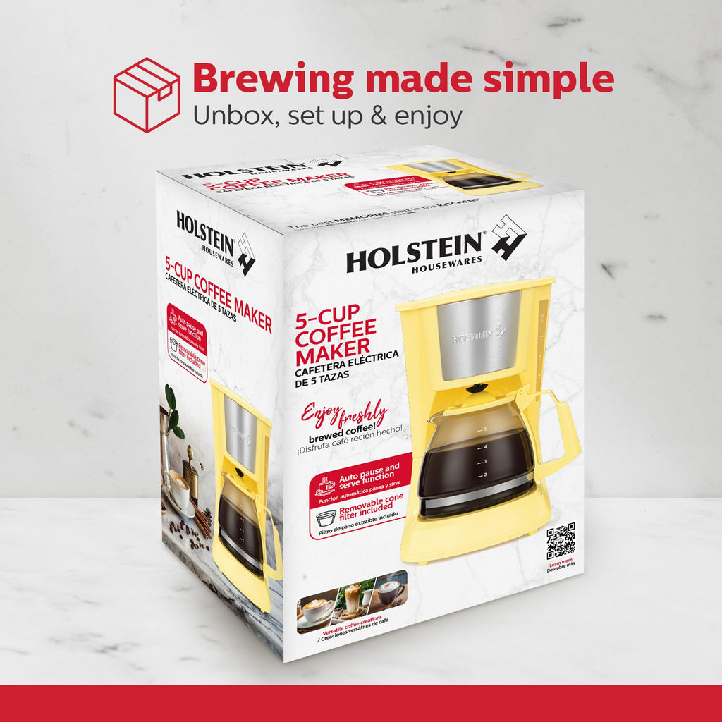 Holstein Housewares 5 Cup Drip Coffee Maker – Compact and User-Friendly with Auto Pause & Serve, Reusable Filter, Measuring Spoon & Glass Carafe, Office & Dorm Use, Yellow