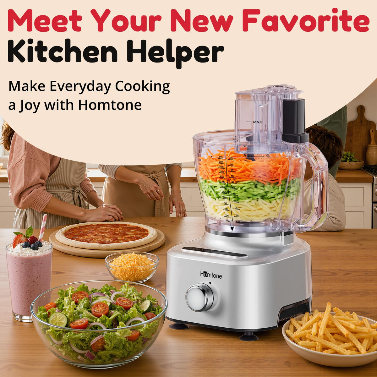 Homtone 16 Cup Food Processor Blender Combo, 11-in-1 Glass Blender for Home
