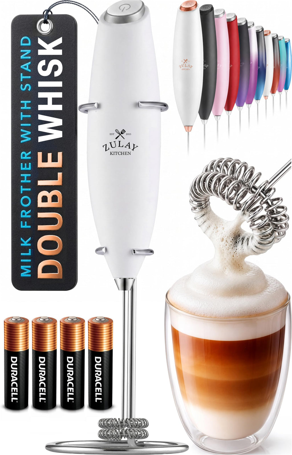 Zulay Kitchen Powerful Milk Frother Wand With Duracell Batteries - Ultra Fast Handheld Drink Mixer - Electric Whisk Foam Maker for Coffee, Lattes, Cappuccino & Matcha - Z1 Motor - Aqua