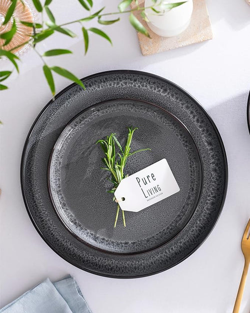 16 Piece Stoneware Dinnerware Set for 4 - Handmade Reactive Glaze Plates and Bowls Set - Chip & Scratch Resistant Dish Set - Dishwasher Microwave Safe - Dark Gray